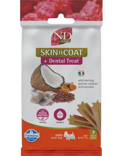 FARMINA N&D Quinoa Dental Treat Skin Coat Herring Mini 60 g gustare dentara cu hering, pentru caini talie mica