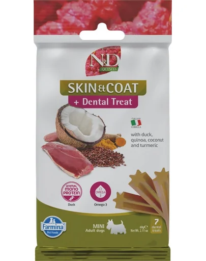 FARMINA N&amp;D Quinoa Dental Treat Skin Coat Duck Mini 60 g recompensa dentara cu rata, pentru caini de rase mici