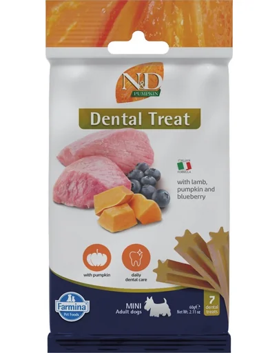 FARMINA N&amp;D Pumpkin Dental Treat Lamb Blueberry Mini 60 g recompensa dentara caini de talie mica, cu miel