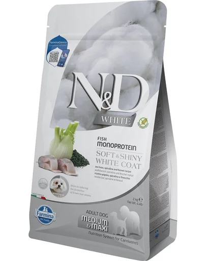FARMINA N&D White Dog Adult Medium Maxi Sea Bass, Spirulina, Fennel 2 kg Hrana caine adult cu blana alba