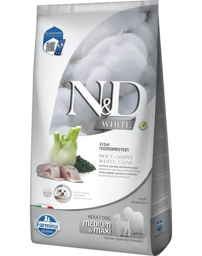 FARMINA N&amp;D White Dog Adult Medium Maxi Sea Bass, Spirulina, Fennel 7 kg Hrana caine talie medie si mare, cu blana alba