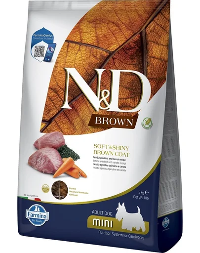 FARMINA N&amp;D Brown Dog Adult Mini Lamb, Spirulina, Carrot 5 kg Mancare pentru caini tallie mica, cu blana inchisa la culoare