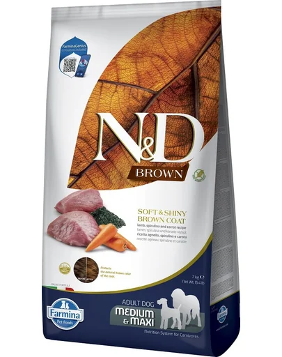 FARMINA N&amp;D Brown Dog Adult Medium Maxi Lamb, Spirulina, Carrot 7 kg Hrana caine talie medie si mare, cu blana inchisa la culoare