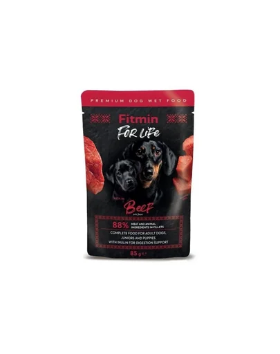 FITMIN For Life Adult and Puppies Beef bucățele cu vită în sos pentru pui și câini adulți 85 g