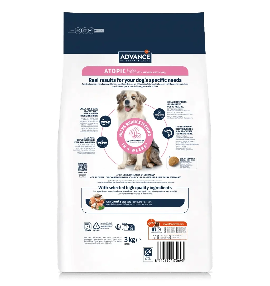 ADVANCE Veterinary Diets Dog Atopic Care, dietă veterinară, hrană uscată câini, afecțiuni dermatologice ADVANCE Veterinary Diets Atopic Medium/Maxi, M-L, dietă veterinară câini, hrană uscată, afecțiuni dermatologice, 3kg
