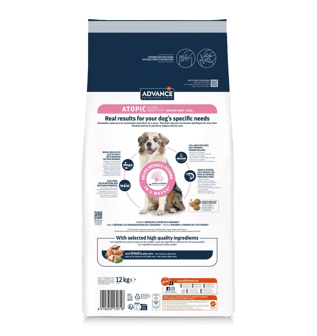 ADVANCE Veterinary Diets Dog Atopic Care, dietă veterinară, hrană uscată câini, afecțiuni dermatologice ADVANCE Veterinary Diets Atopic Medium/Maxi, M-L, dietă veterinară câini, hrană uscată, afecțiuni dermatologice, 12kg