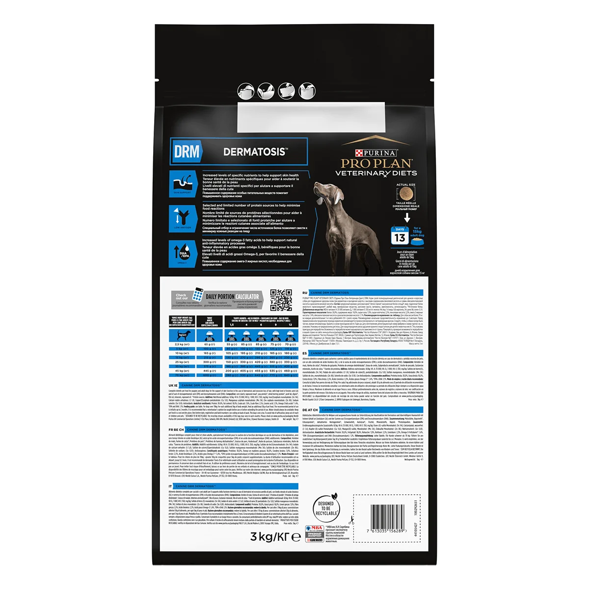 PURINA Pro Plan Veterinary Diets Dermatosis, dietă veterinară câini, hrană uscată, afecțiuni dermatologice, 3kg