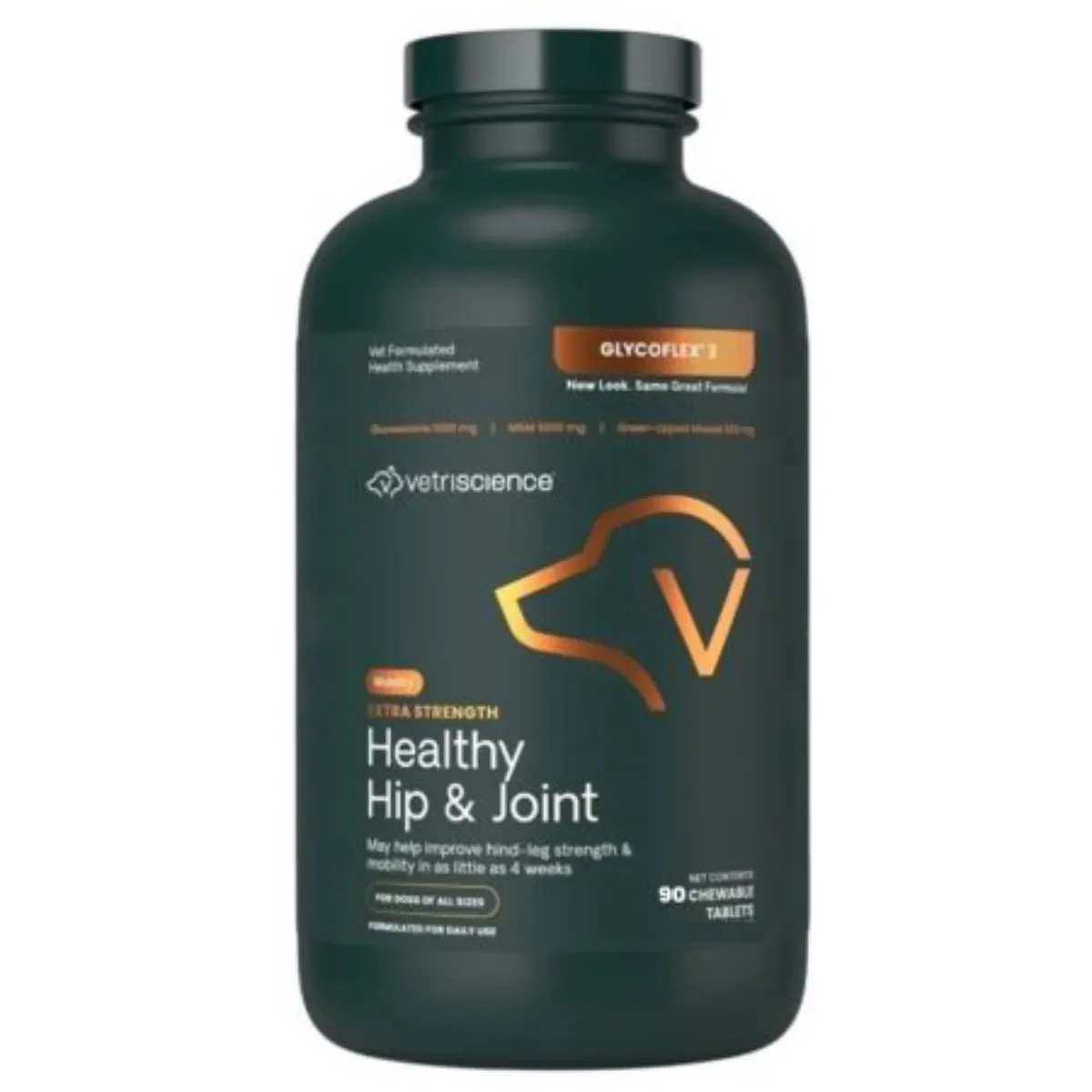 VETRISCIENCE Extra Strength Healthy Hip & Joint (Glycoflex stage3), supliment sistem articular câini, comprimate masticabile VETRISCIENCE Extra Strength Healthy Hip & Joint (Glycoflex stage3), XS-XL, supliment sistem articular câini, flacon, 90 comprimat
