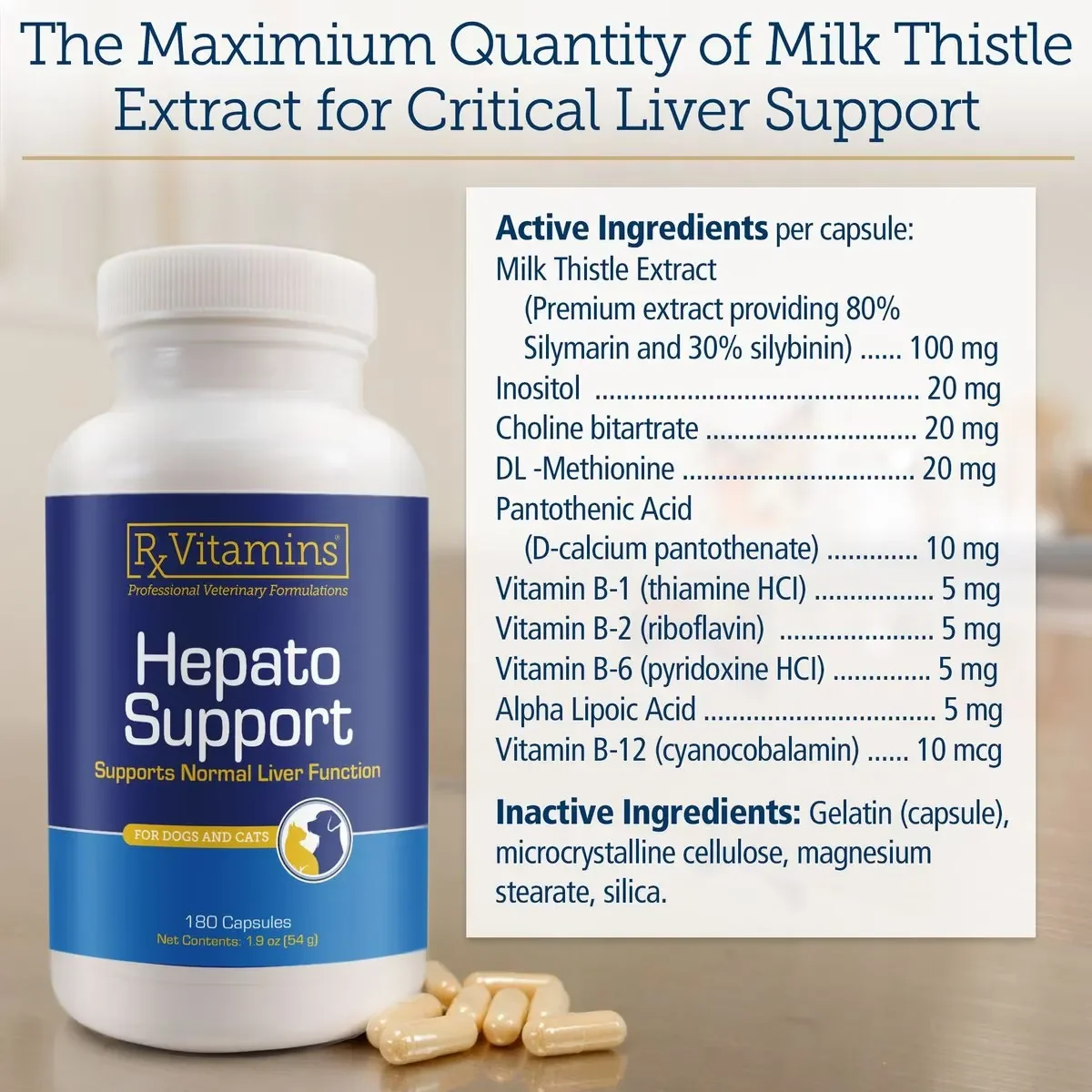 RX VITAMINS Hepato Support, supliment sistem hepatic câini, capsule RX VITAMINS Hepato Support, supliment sistem hepatic câini și pisici, flacon, 180 capsule