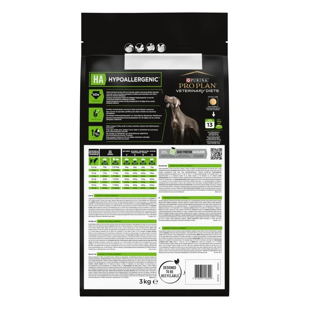 PURINA Pro Plan Veterinary Diets Hypoallergenic, dietă veterinară câini, hrană uscată, afecțiuni digestive și dermatologice, 3kg