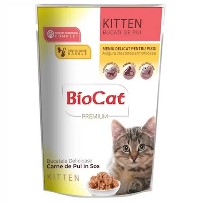 Set 24 buc x 85 gr Hrana umeda pentru pisici Biocat Kitten cu pui in sos