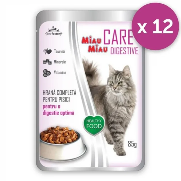 Set 12 buc x 85 gr Hrana umeda pentru pisici Miau Miau Care Digestive cu miel