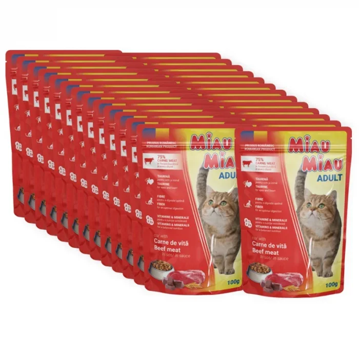Set 24 buc x Hrana umeda pentru pisici Miau Miau cu vita in sos 100 gr
