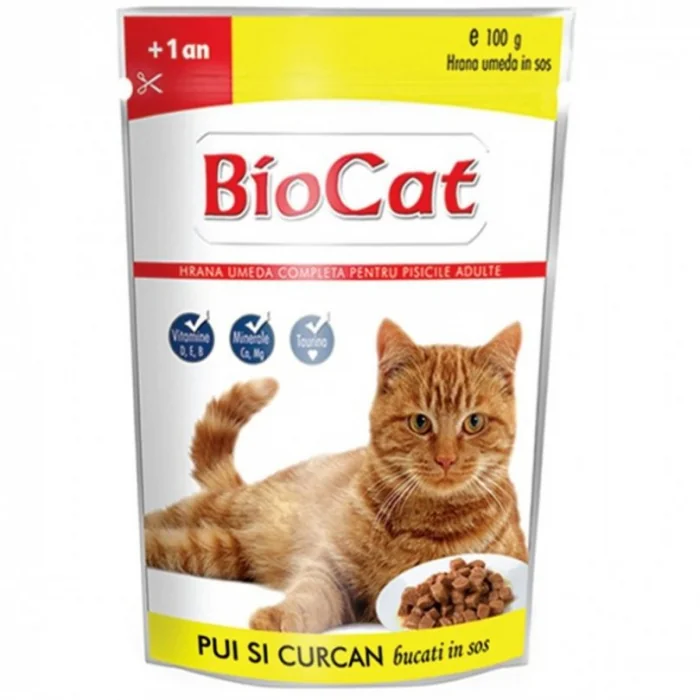 Set 24 buc x 100 gr Hrana umeda pentru pisici Biocat cu pui curcan in sos