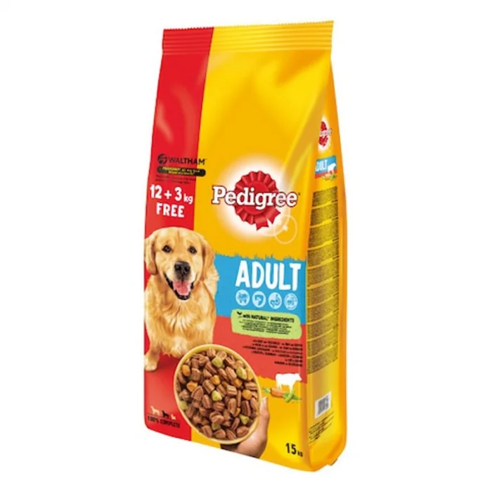 Hrana uscata pentru caini Pedigree Adult cu vita  legume 12 kg + 3 kg GRATIS