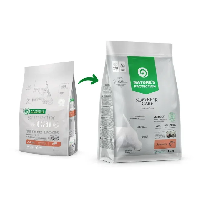 Hrana uscata pentru caini Nature s Protection Superior Care White Dogs Adult Small  Mini, cu somon, 1,5 kg
