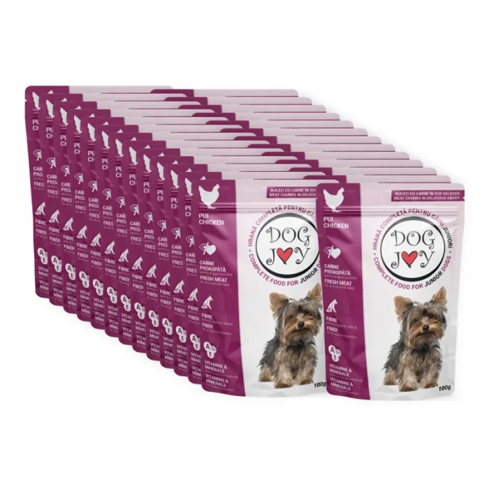 Set 24 buc x 100 gr Hrana umeda pentru caini Dog Joy Junior cu pui in sos