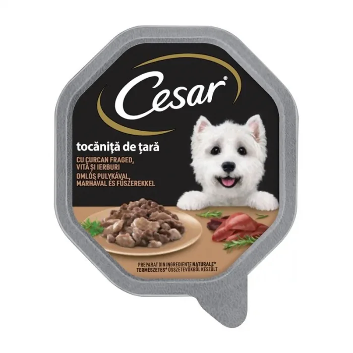 Hrana umeda pentru caini Cesar pate cu curcan, vita  legume 150 gr