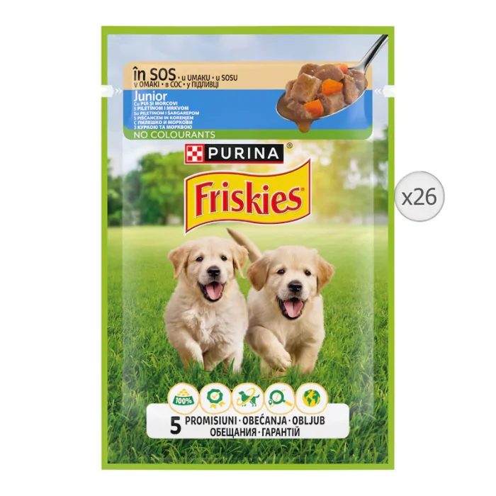 Set 26 buc x 85 gr Hrana umeda pentru caini Friskies Junior cu pui morcov