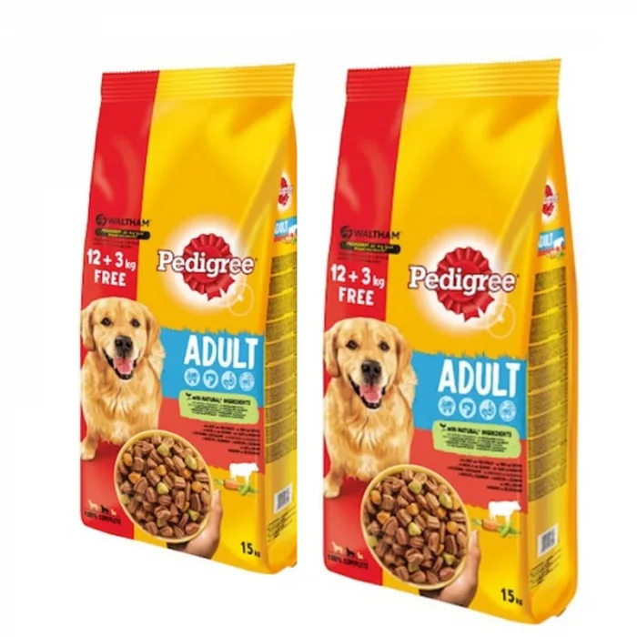 Oferta 2 saci x Hrana uscata pentru caini Pedigree Adult cu vita  legume 12+3 kg GRATIS