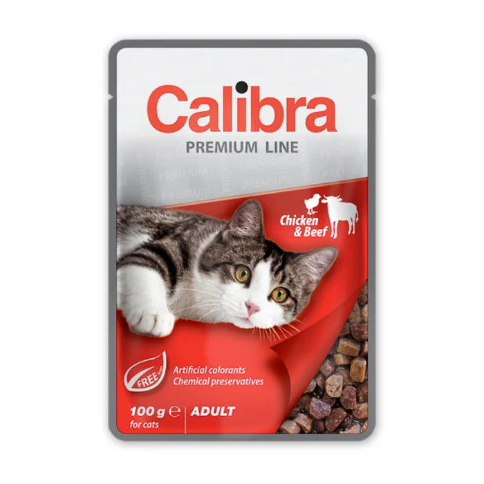Hrana umeda pentru pisici Calibra Premium Line cu pui vita 100 gr
