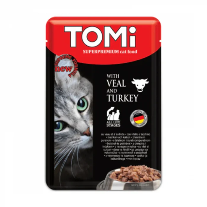 Set 20 buc x 100 gr Hrana umeda pentru pisici Tomi cu vitel  curcan