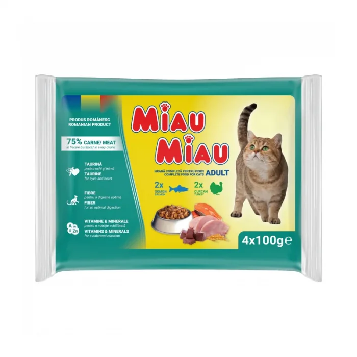 Pachet cu hrana umeda pentru pisici Miau Miau Mixt cu somon curcan 4 buc x 100 gr