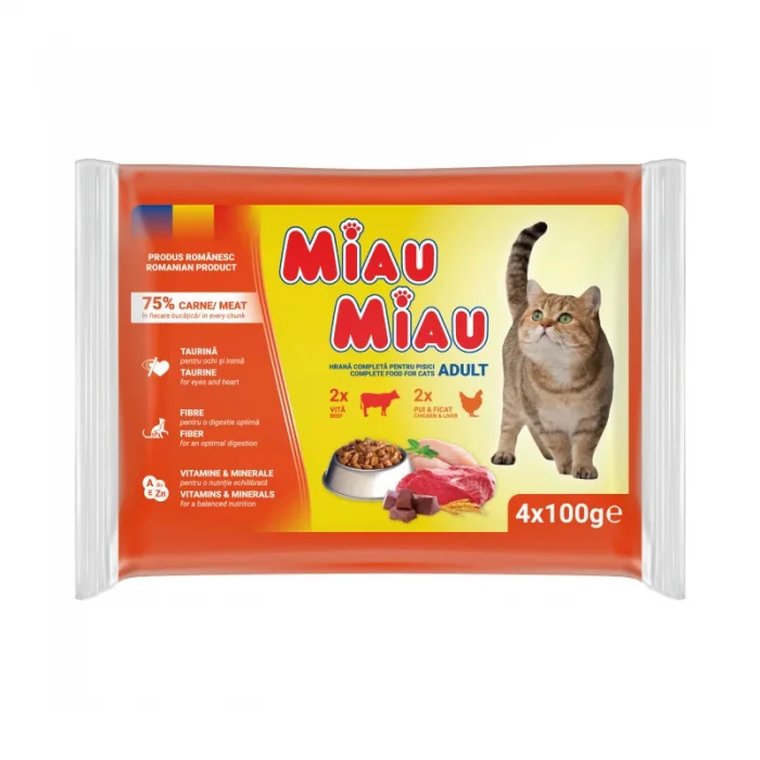 Pachet cu hrana umeda pentru pisici Miau Miau Mixt cu vita pui si ficat 4 buc x 100 gr