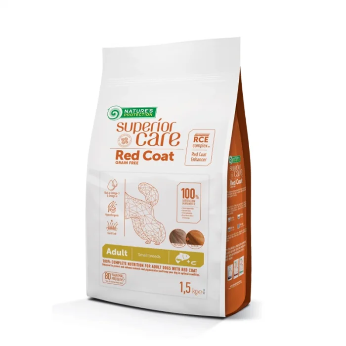 Hrana uscata fara cereale pentru caini Nature s Protection Superior Care Red Coat Adult Small Mini, cu somon, 1,5 kg