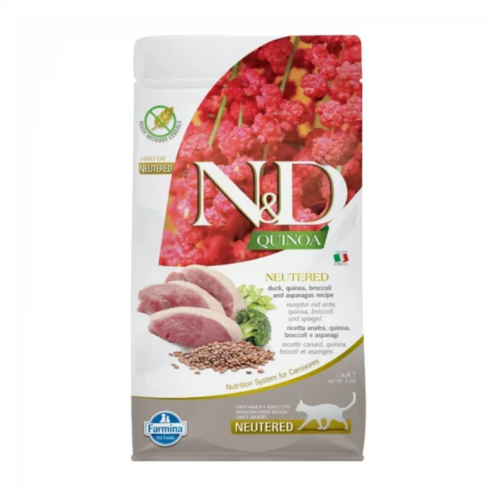 Hrana uscata pentru pisici ND Quinoa Neutred cu rata, broccoli  sparanghel 1,5 kg
