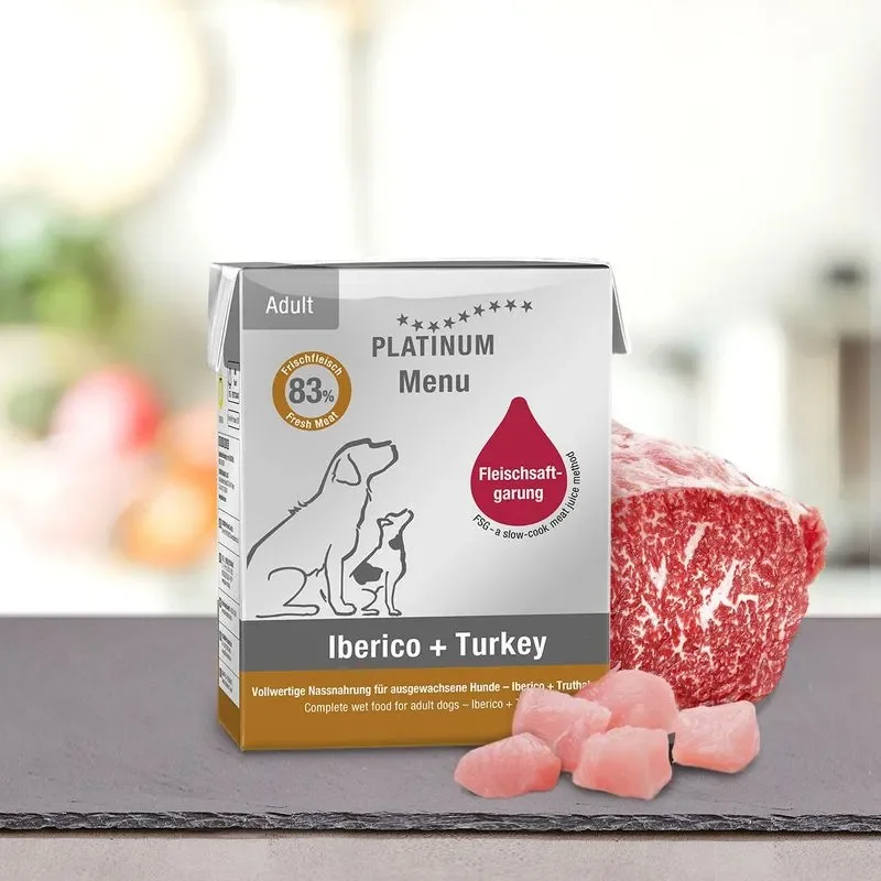 Hrana umeda pentru caini Platinum Menu Adult cu iberico  curcan 185 gr