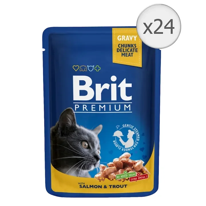 Set 24 buc x 100 gr Hrana umeda pentru pisici Brit Premium cu somon pastrav