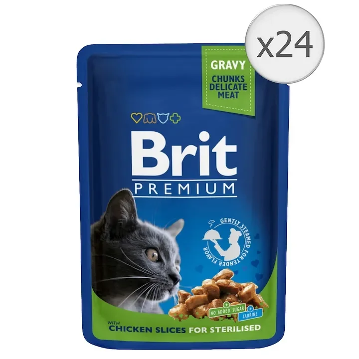 Set 24 buc x 100 gr Hrana umeda pentru pisici Brit Premium Sterilised cu pui