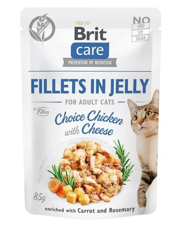 Hrana umeda pentru pisici Brit Care Fillets in Jelly cu pui branza 85 gr