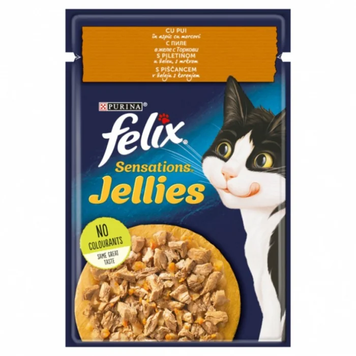 Hrana umeda pentru pisici Felix Sens Jellies cu pui  morcov 85 gr