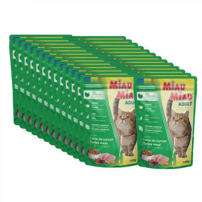 Set 24 buc x 100 gr Hrana umeda pentru pisici Miau Miau cu curcan in sos