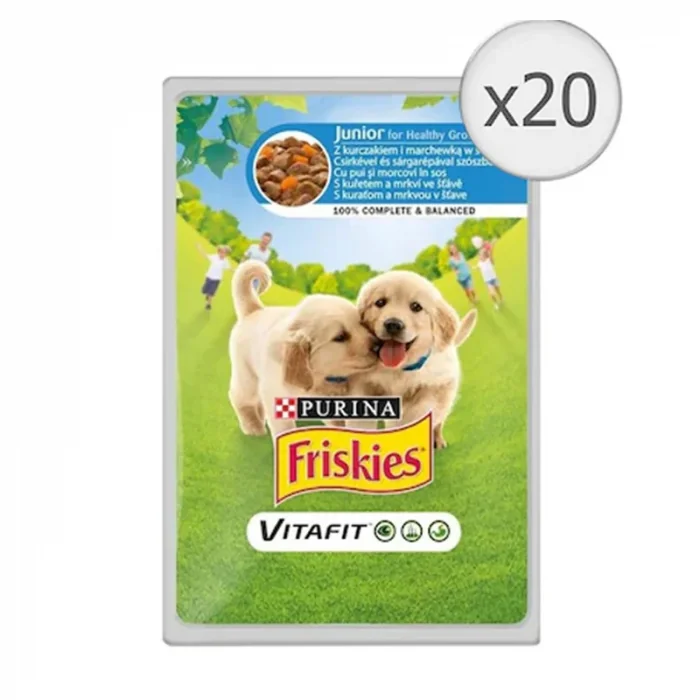 Set 20 buc x 100 gr Hrana umeda pentru caini Friskies Junior cu pui  mazare in jeleu