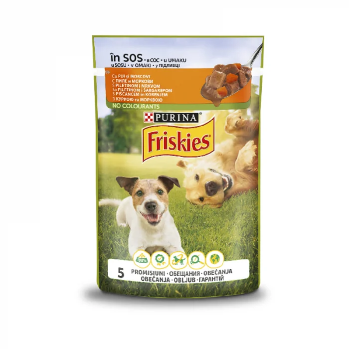 Set 26 buc x 85 gr Hrana umeda pentru caini Friskies adult cu pui  morcov