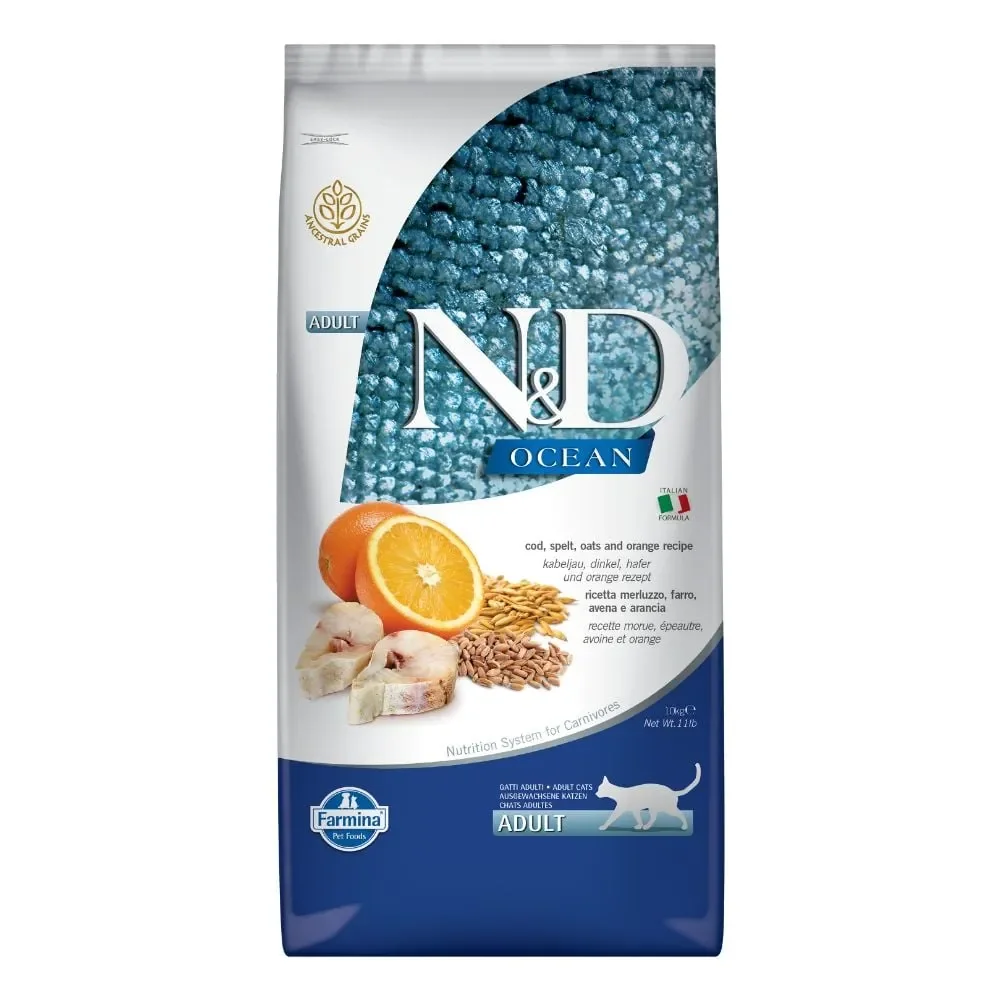 Hrana uscata pentru pisici ND Ocean Adult cu cod, ovaz  portocala 10 kg