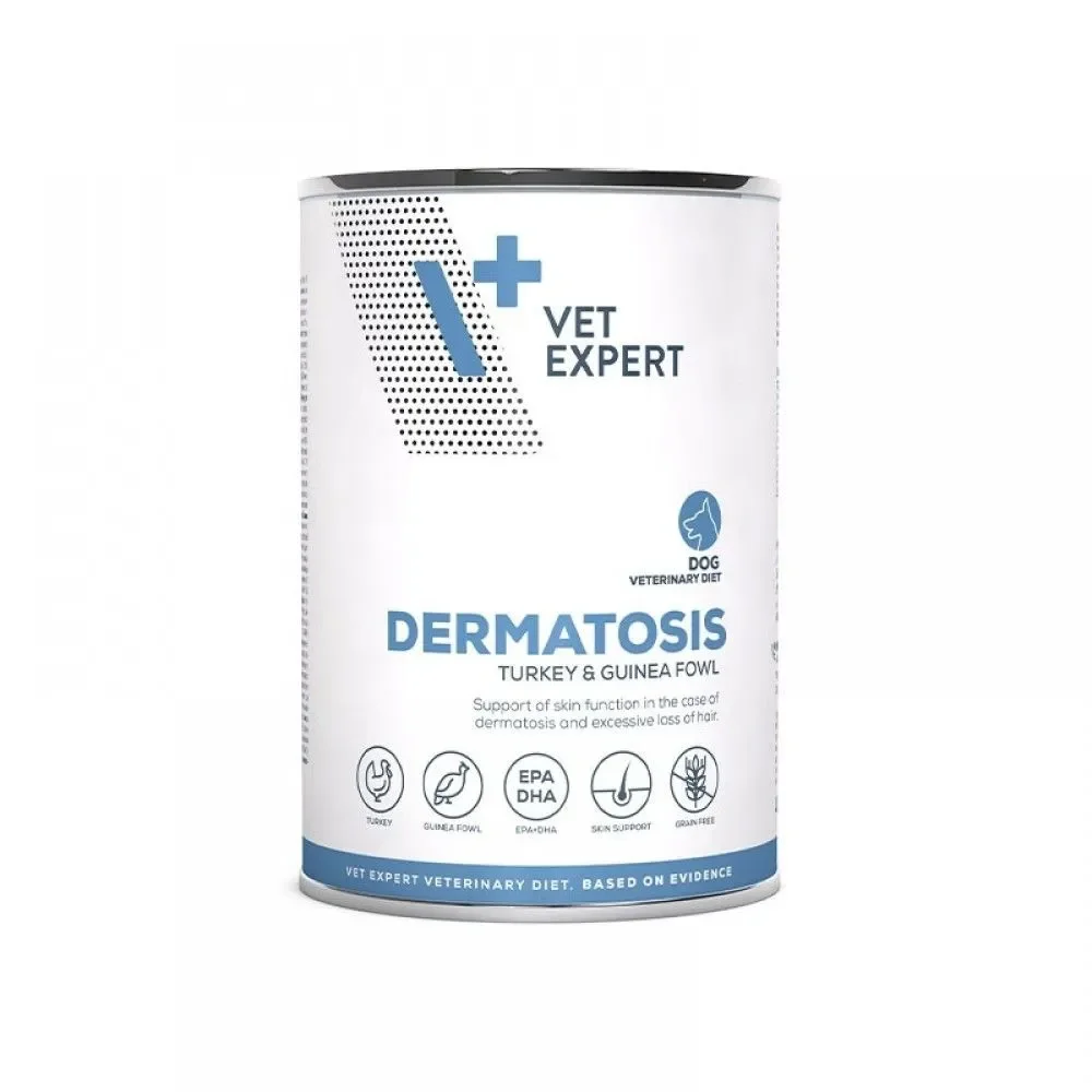 Conserva dietetica pentru caini Dermatosis Vetexpert cu curcan  bibilica 400 gr