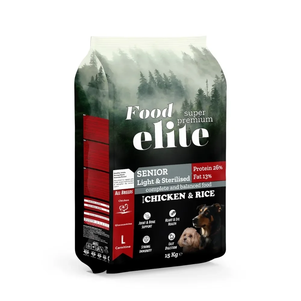 Hrana uscata pentru caini Food Elite Senior Light  Sterilised cu pui  orez 15 kg