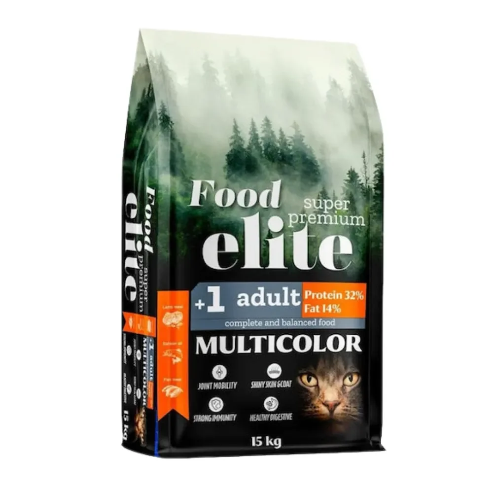 Hrana uscata pentru pisici Food Elite Multicolore cu miel  pui  somon 15 kg