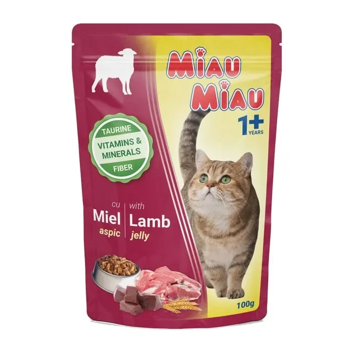 Hrana umeda pentru pisici Miau Miau cu miel in aspic 100 gr