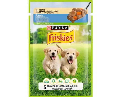 Hrana umeda pentru caini Friskies Junior cu pui  mazare 85 gr