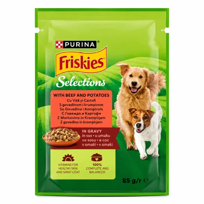 Hrana umeda pentru caini Friskies Adult cu vita cartofi 85 gr