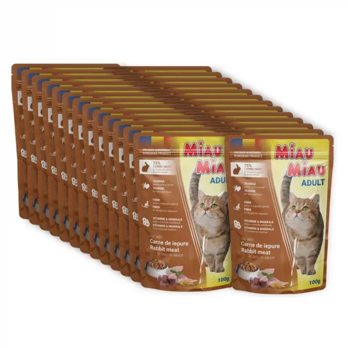 Set 24 buc x 100 gr Hrana umeda pentru pisici Miau Miau cu iepure in sos