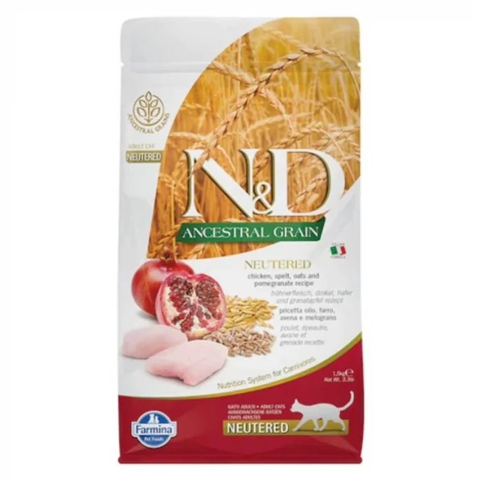 Hrana uscata pentru pisici Farmina ND Ancestral Grain Neutered cu pui rodie 1,5 kg