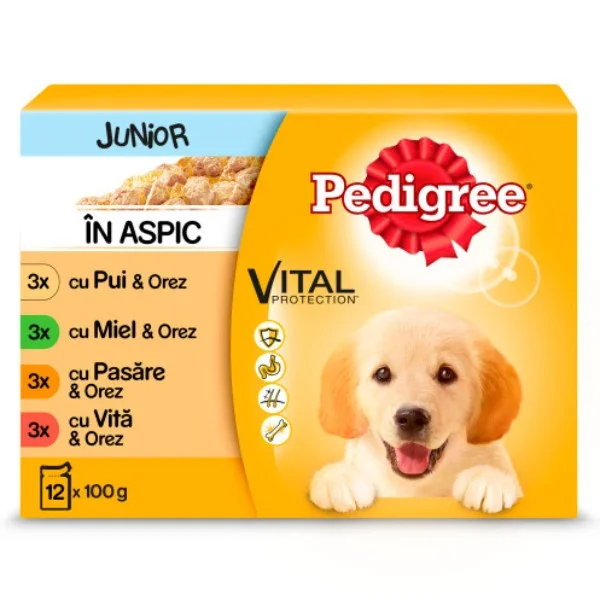 Pedigree Plic Junior Pui/Miel/Ficat/Pasare/Vita/Miel 12x100 g