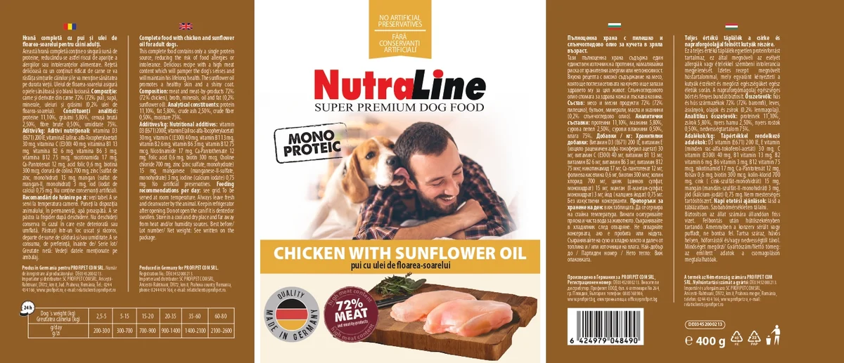 Nutraline Dog Conserva Adult Monoprotein Pui Ulei De Floarea-Soarelui 400 g