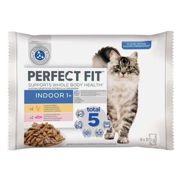 Perfect Fit Cat Indoor Pui/Somon/Legume 4x85 G